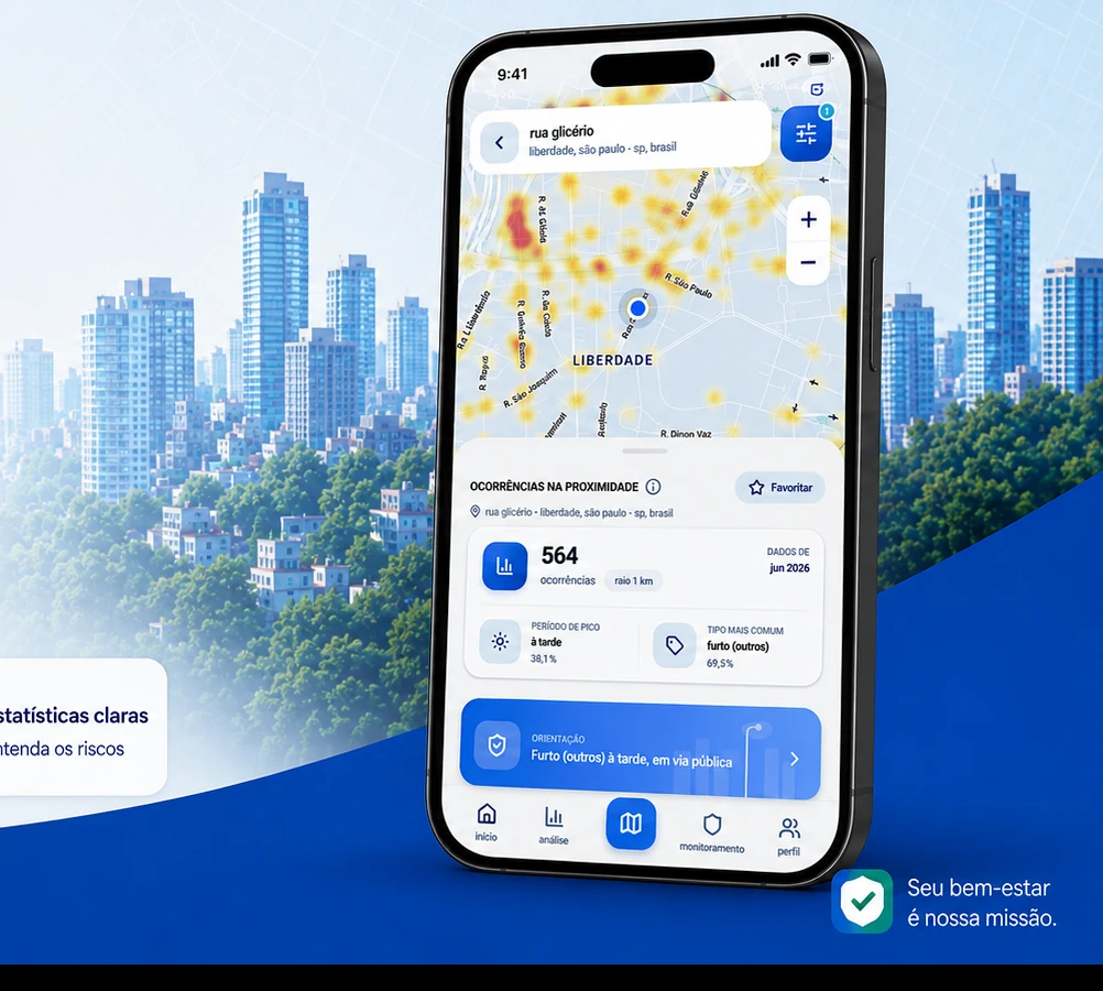 Tela do app Área Segura mostrando mapa e resumo de ocorrências por raio.